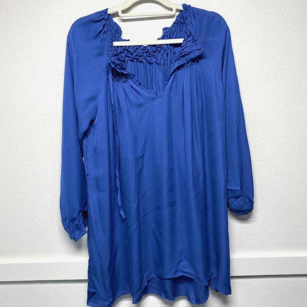 Wai Ming 100% Silk Blue Lattice Detailed Long Sleeve Dress Missing Belt Small